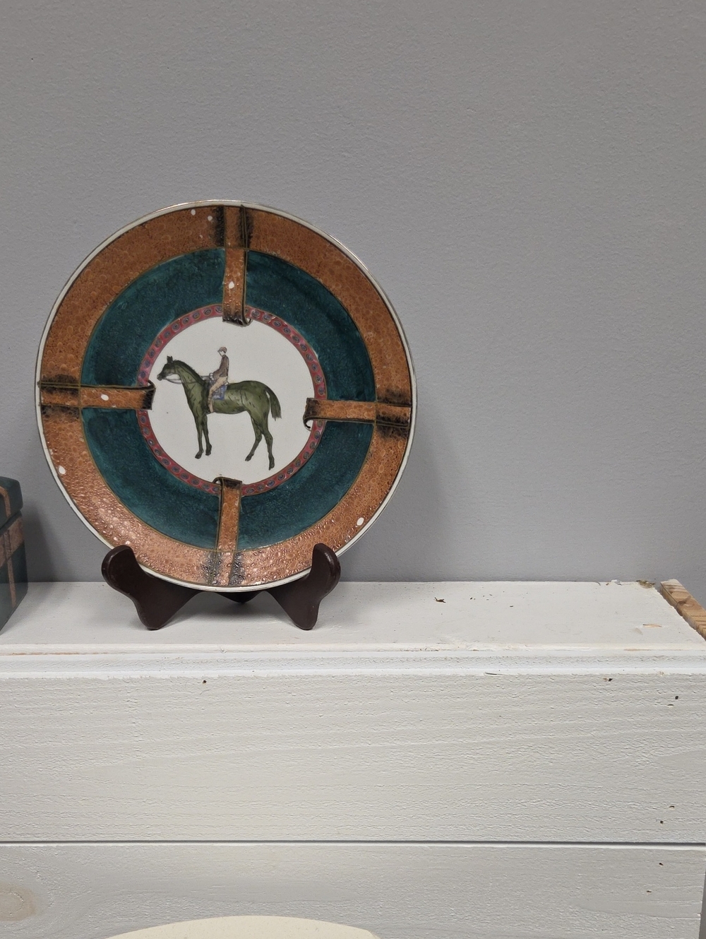 Hand-Painted Ceramic Horse Accent Plate in Green and Brown. Has 6 Small Chips.